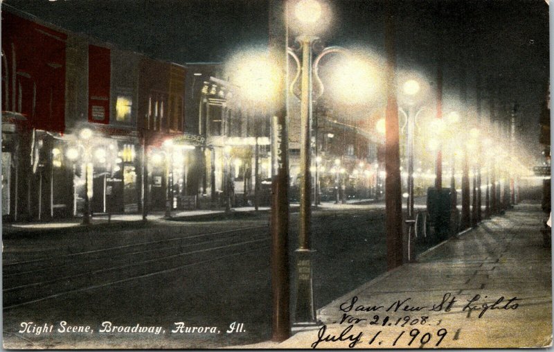 Vtg 1908 Night Scene Broadway Aurora Illinois IL Budweiser Sign Bar Postcard