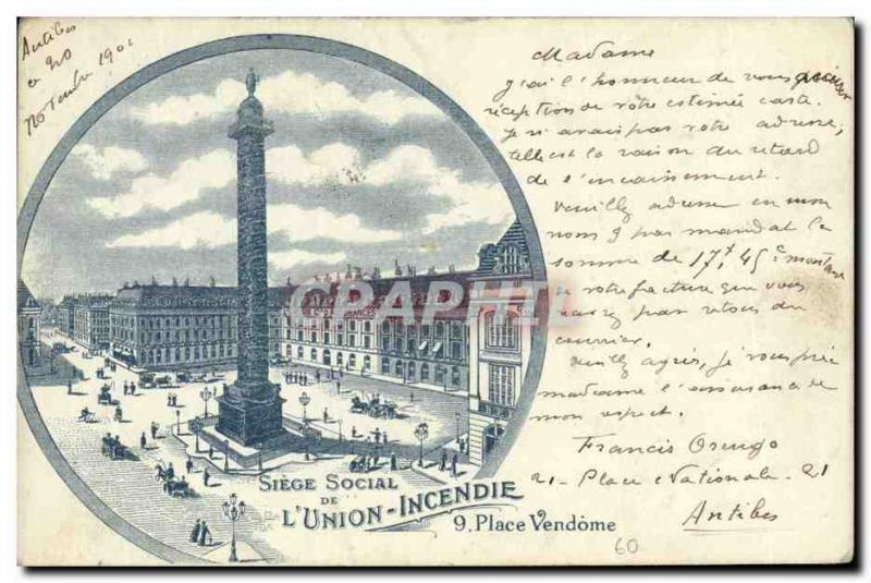 Old Postcard insurance Paris Place Vendome L & # 39Union Fire