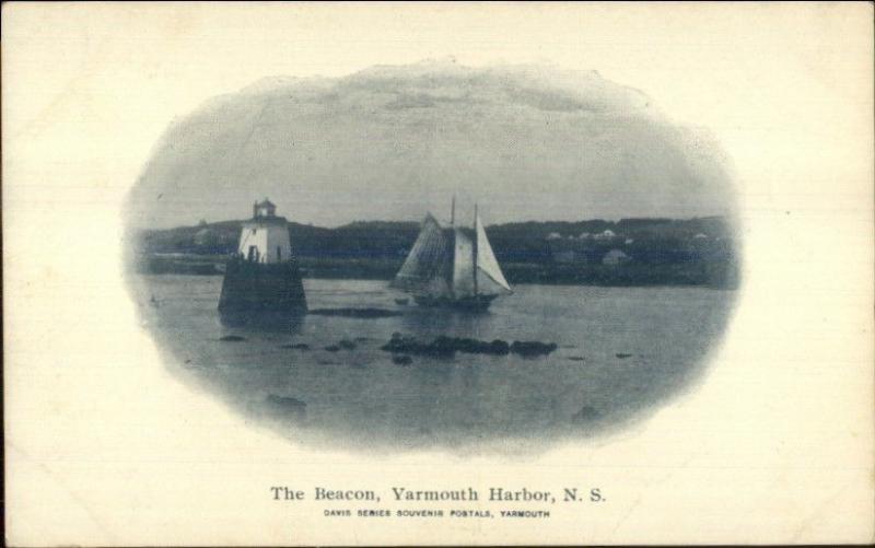 Yarmouth Nova Scotia Beacon Lighthouse & Schooner Ship c1910 Postcard