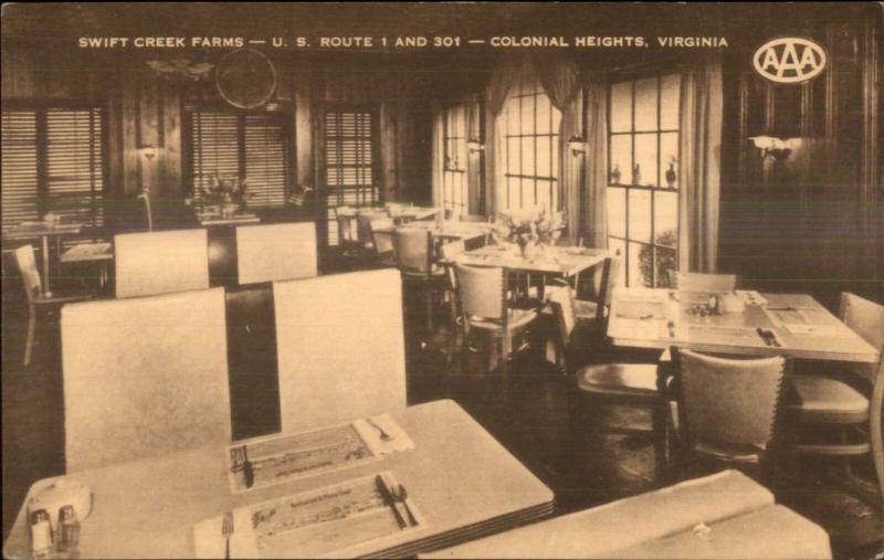 Colonial Heights VA Swift Creek Farms Restaurant Interior Postcard RTE 1 301