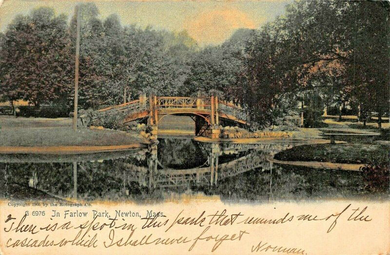 NEWTON MASSACHUSETTS~IN FARLOW PARK-BRIDGE~1905 ROTOGRAPH TINTED PHOTO POSTCARD 