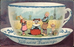 Valentine Dutch Kids and Dog Woman with Hat Tea Cup Border c1910 Postcard 