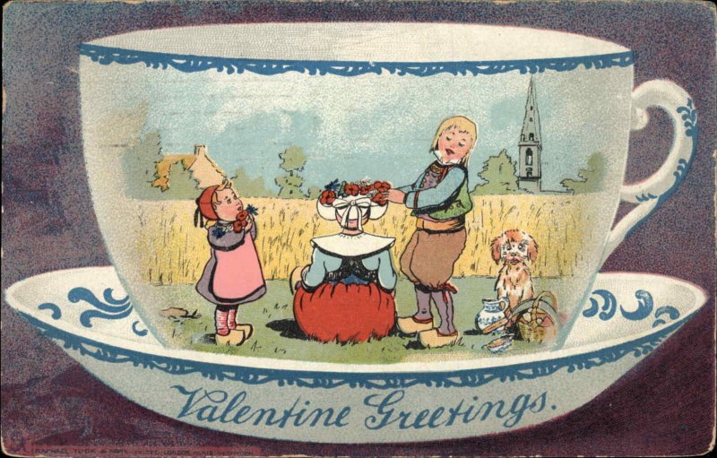 Valentine Dutch Kids and Dog Woman with Hat Tea Cup Border c1910 Postcard 