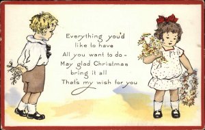 Whitney Christmas Little Boy with Mistletoe Approaches Girl Vintage Postcard