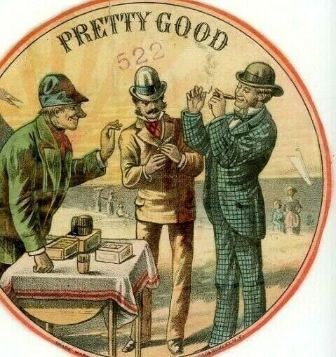 1870s-80s Outer Cigar Box Label Pretty Good Seaside Men Smoking Fab! &L