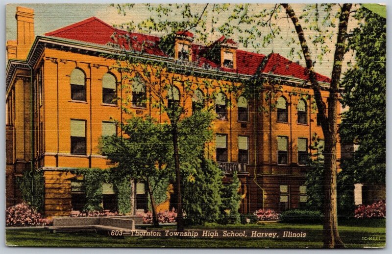 Vtg Harvey Illinois IL Thornton Township High School 1950s View Linen Postcard