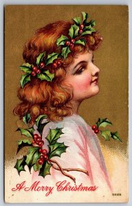 Christmas~Pretty Girl Wears Holly Berry Crown In Hair~Gold Back~Emboss~1912