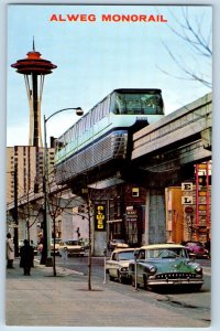 Seattle Washington Postcard Sleek Alweg Monorail Exterior View Cars Street c1960