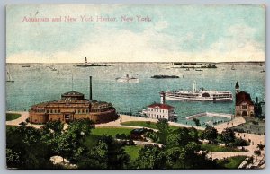 Aquarium and New York Harbor NY Boats and Ships Buildings Ocean View Postcard