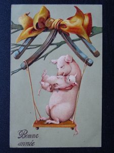 French New Year Greetings BONNE ANNÉE Pig & Piglet on Swing c1905 Embossed PC