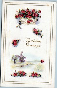 Birthday Greetings postcard - Samson Brothers - flowers windmill,embossed
