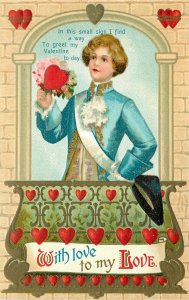 Embossed Valentine Postcard 1077 Colonial Youth on Balcony With Love to My Love