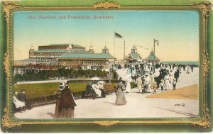 Southport UK Pier, Pavilion & Promenade Ornate Gold Frame Postcard Valentine Ser