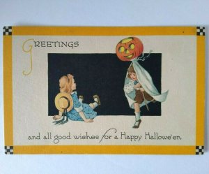 Fantasy  Halloween Postcard Gibson Children Checkered Corners Unused Original