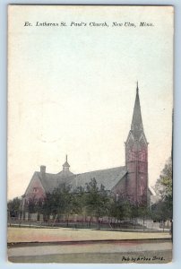 New Ulm Minnesota MN Postcard Ev. Lutheran St. Paul Church Tree Lined Street