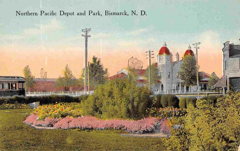 Northern Pacific Railroad Depot & Park Bismarck North Dakota 1910c postcard 