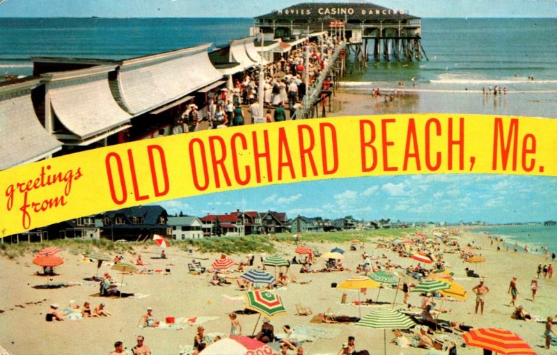 Maine Old Orchard Beach Greetings Showing Pier Beach and Cottages 1971