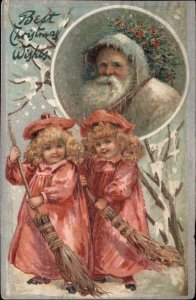 Tuck Christmas Twins Little Girls in Pink Santa Claus in White c1910 Postcard