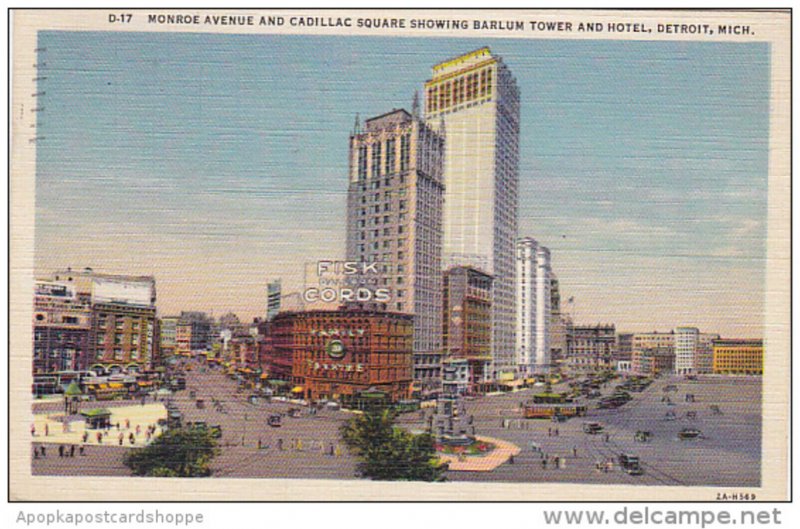 Michigan Detroit Monroe Avenue and Cadillac Square Showing Barlum Tower and H...