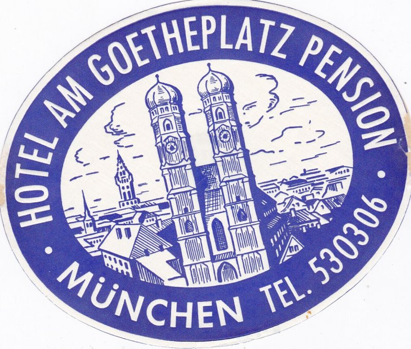 Germany Muenchen Hotel Am Goetheplatz Pension Vintage Luggage Label sk2830