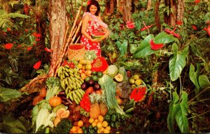Hawaii Native Girl With Hawaiian Fruits and Vegetables