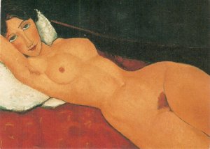 Modigliani. Nude on White cushion Risque  painting, modern  English PC. Contin