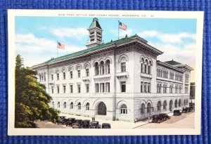 Vintage c1930's US Post Office & Courthouse Old Cars Savannah GA Linen Postcard