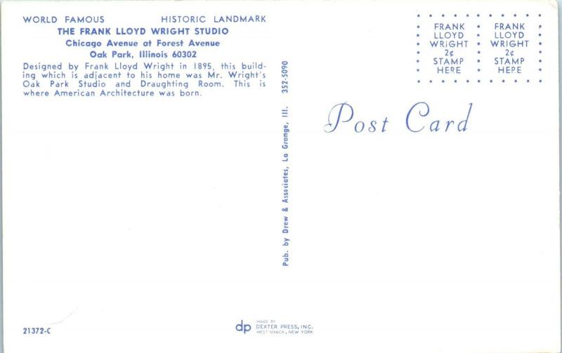 OAK PARK, IL Illinois   FRANK LLOYD WRIGHT STUDIO   c1968    Postcard