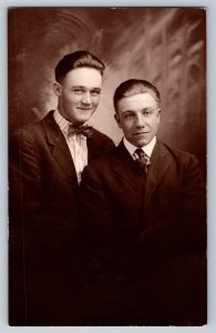 Postcard Portrait of Two Men In Suites & TIe & Bow Ties, Brothers RPPC