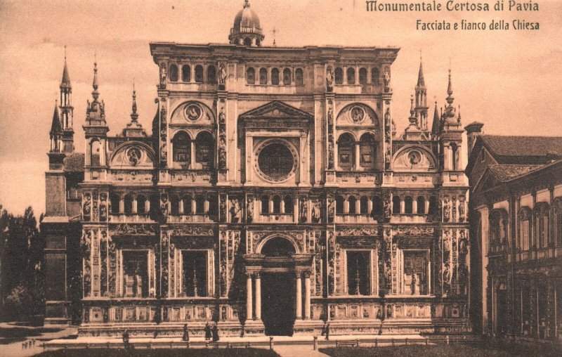 Postcard Monumentale Certosa Di Pavia Facade and Side of the Church Lombardy IT