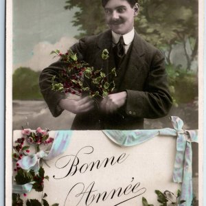 c1910s French Man Happy New Year RPPC Hand Colored Lotus Floral Real Photo A149