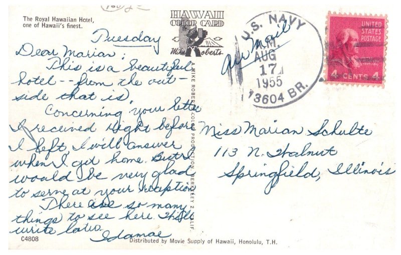 Royal Hawaiian Hotel Hawaii Postcard 1955 with US Navy Cancel