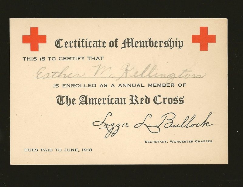 1918 The American Red Cross Worcester Chapter Certificate of Membership Issued