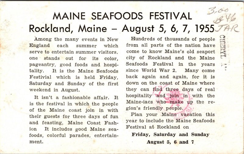 Maine Seafoods Festival Rockland ME Float Postcard Information Card 