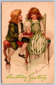 EJ Andrews~Boy & Girl On Chairs Eating Chocolates~c1910 Vintage TUCK Postcard