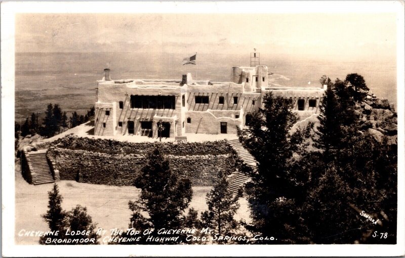 Real Photo Postcard Cheyenne Lodge at the top of Cheyenne Mt Colorado Springs
