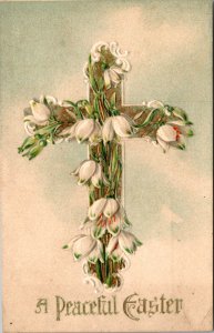 Easter Postcard Cross Covered in Easter Lily's A Peaceful Easter