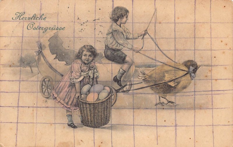 A218 Easter Greetings Allegorical Egg Cart Chick Children vintage postcard