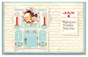 Wishing You a Sunny New Year Clock Arts and Crafts Embossed DB Postcard A16