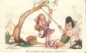 Children.Boy and girl. Picking apples Vintage Spanish , artist drawn PC 1950s