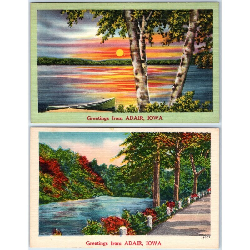 x2 LOT c1940s Adair, IA Greetings from NYCE Landscape Linen Postcards Iowa A257