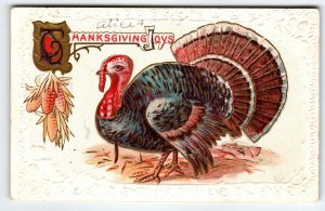 Thanksgiving Joys Postcard Turkey Corn Fancy Embossed Borders Vintage Greetings