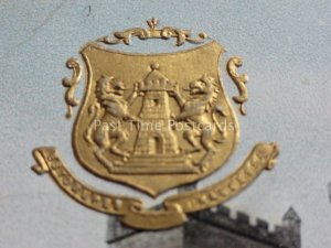 Fife: Dunfermline Abbey from the South / Embossed Gold Heraldic Arms c1905