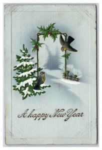 Happy New Year Doorway Pine Tree Sparrow Hoilly Embossed DB Postcard U17