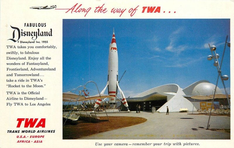 Postcard 1950s California Anaheim TWA Airlines Disneyland amusement CA24-1354