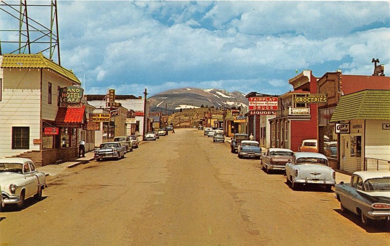 H68/ Fairplay Colorado Postcard Chrome Front Street Stores Autos  206