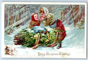 Christmas Postcard Greetings Mother And Child Cold Blowing Winter Snow Embossed