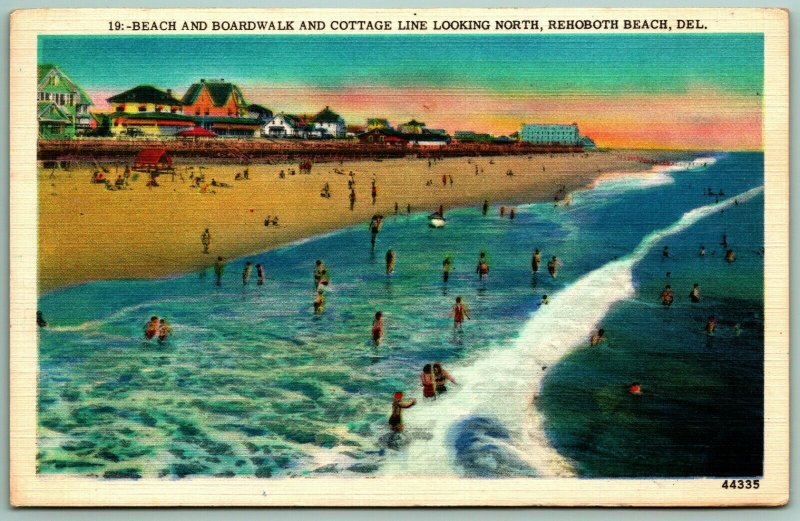 Beach And Boardwalk Looking North Rehoboth Beach Delaware DE Linen Postcard I5