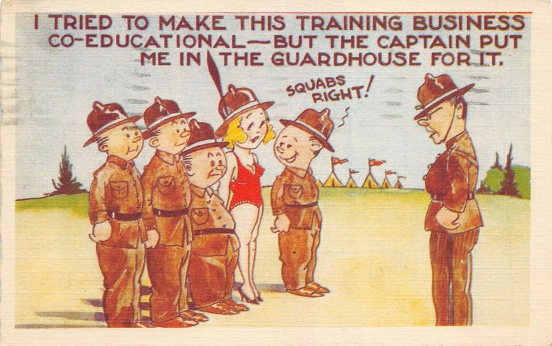 WWII 1942 Soldiers Comic Postcard Co-Educational Training Pretty Girl In Line-up