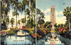 Cypress Gardens Singing Tower Wales Lake Florida Multi View Linen Postcard